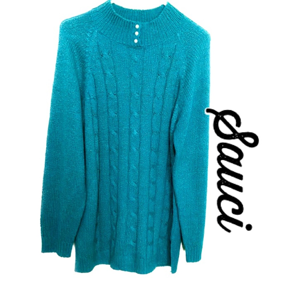 SAUCI Sweater Teal Acrylic Cable Knit Front Long Sleeve Pearl Buttons Size Large
